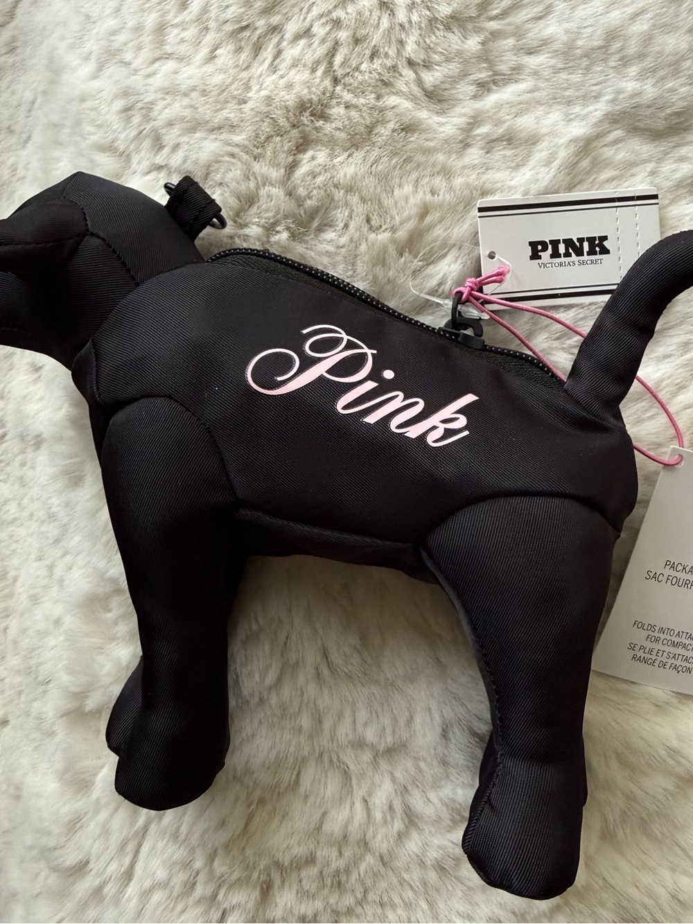NWT! Victoria's Secret Pink Packable Dog Tote Bag Travel Black White Polka Dot - Picture 2 of 6
